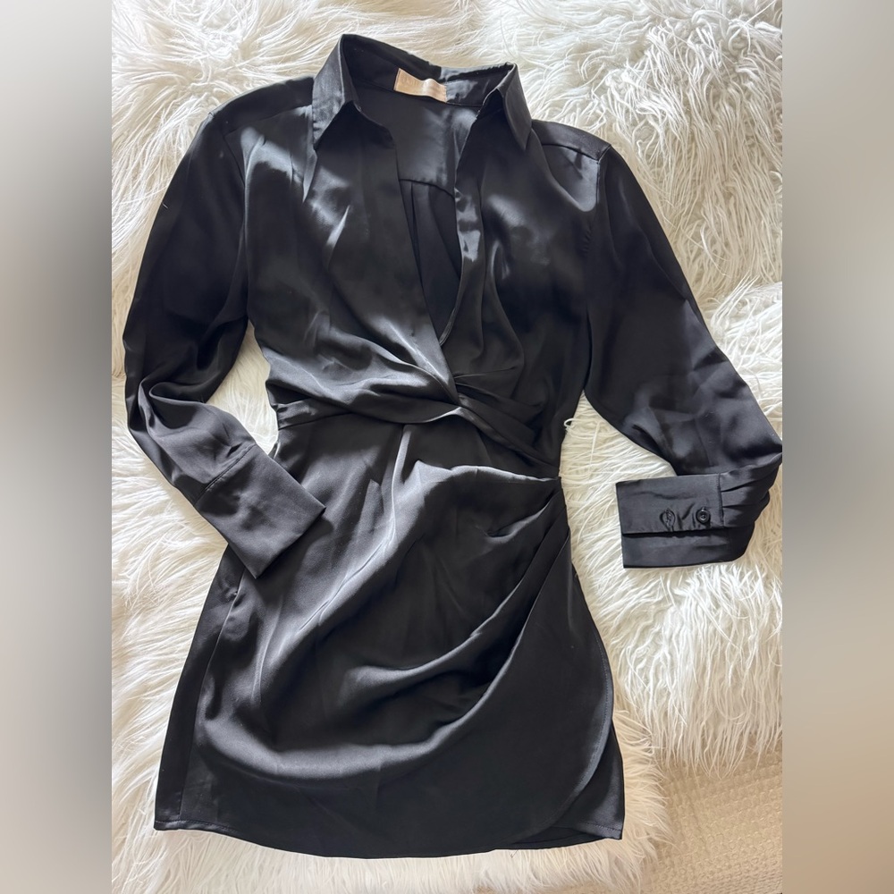 Dollhouse Black Ruched Wrap Dress with Notched Collar